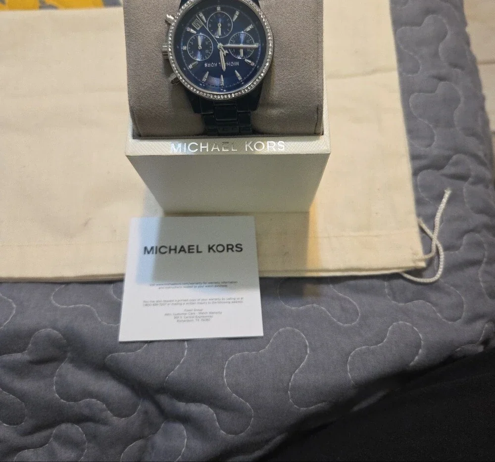 Michael Kors Women's Navy Blue Chronograph Watch with Crystal Bezel